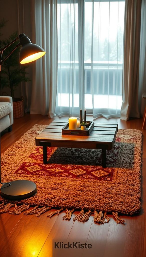 A warm and inviting living room scene featuring budget-friendly lighting solutions, designed for a cozy winter ambiance. In the foreground, a stylish floor lamp with a soft yellow glow illuminates a rich, textured area rug laid on polished wooden flooring. The middle ground showcases a rustic coffee table adorned with simple but elegant decorations, including a few candles and a small plant, evoking a Pinterest-worthy aesthetic. In the background, a softly lit window reveals a gentle snowfall outside, with sheer curtains fluttering slightly. The overall mood is warm, inspiring, and authentic, echoing the creativity of DIY decor. The brand name "KlickKiste" is subtly integrated into the space, enhancing the inviting atmosphere. Captured in soft natural lighting, with a focus on vibrant colors and textures, this image encapsulates the essence of a stylish yet budget-friendly living room.
