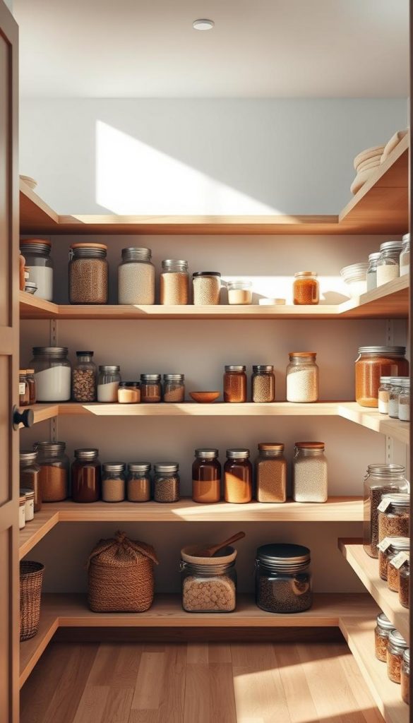 A warm and inviting minimalist pantry showcasing the KlickKiste storage system. Wooden shelves and natural light create a cozy winter atmosphere, with carefully arranged dry goods, spices, and jars in earthy tones. The composition features clean lines, negative space, and a Pinterest-inspired aesthetic. Soft shadows and gentle reflections add depth, while the overall mood is authentic and inspirational.