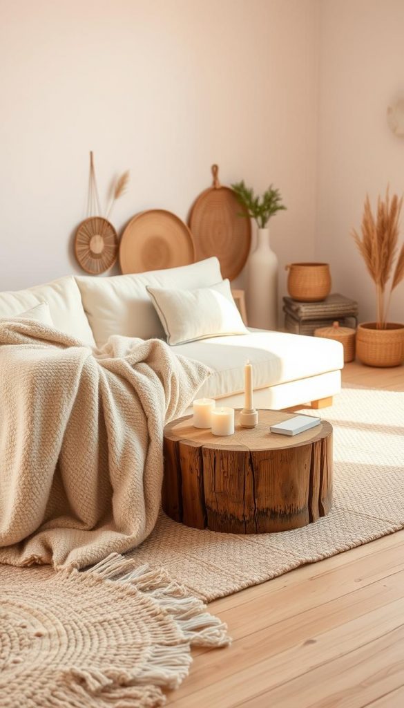 A warm and inviting minimalistic room texture, featuring soft, natural materials like light wood flooring and cozy wool rugs. The foreground showcases a plush, beige throw draped over a simple, elegant sofa with a monochrome design. In the middle ground, a small, rustic coffee table made of reclaimed wood holds a few delicate candles, casting a soft glow. The background reveals a muted pastel wall adorned with a few seasonal decorative items, such as woven baskets and potted plants, creating a serene atmosphere. The lighting is warm and diffused, reminiscent of a cozy winter day, enhancing the tranquil mood. Shot from a slightly elevated angle with a soft focus, this image embodies the essence of a cozy, well-designed space. Inspired by the aesthetic of KlickKiste, reflecting a natural DIY style with a Pinterest-friendly vibe.
