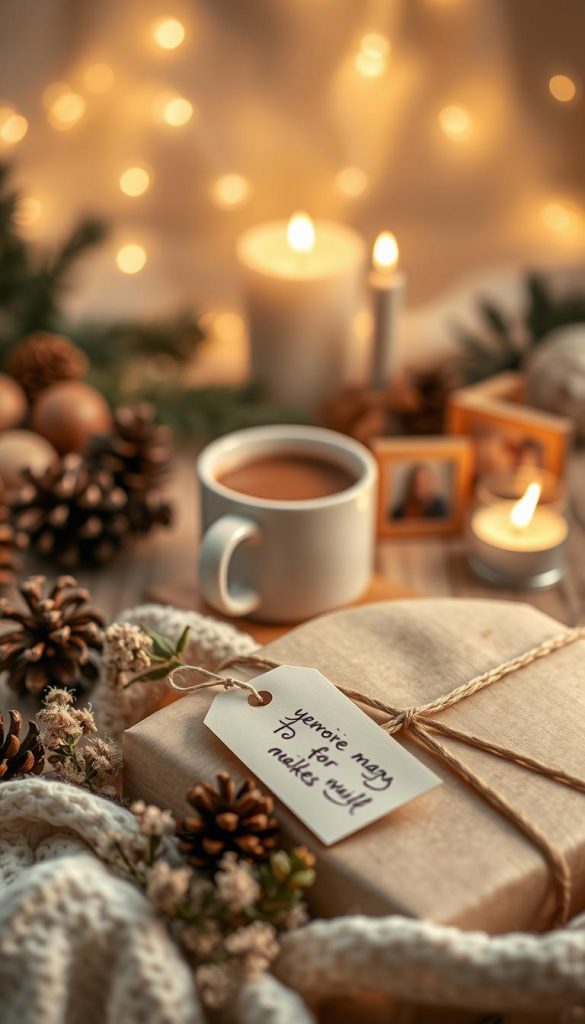 A warm and inviting scene capturing the essence of personalized gifts that evoke cherished memories. In the foreground, a beautifully wrapped gift with a handwritten tag nestled among soft, natural elements like pine cones and dried flowers. The middle ground features a cozy setting with a wooden table adorned with a steaming cup of hot cocoa, rustic candles, and small photo frames holding cherished memories. In the background, softly blurred fairy lights shimmer, creating a dreamy atmosphere reminiscent of winter's warmth. The lighting is soft and diffused, with a slightly golden hue, enhancing the nostalgic feel. Overall, the image embodies a DIY aesthetic, harmonious with a Pinterest-inspired vibe, perfect for illustrating "KlickKiste" products that inspire heartfelt connections.