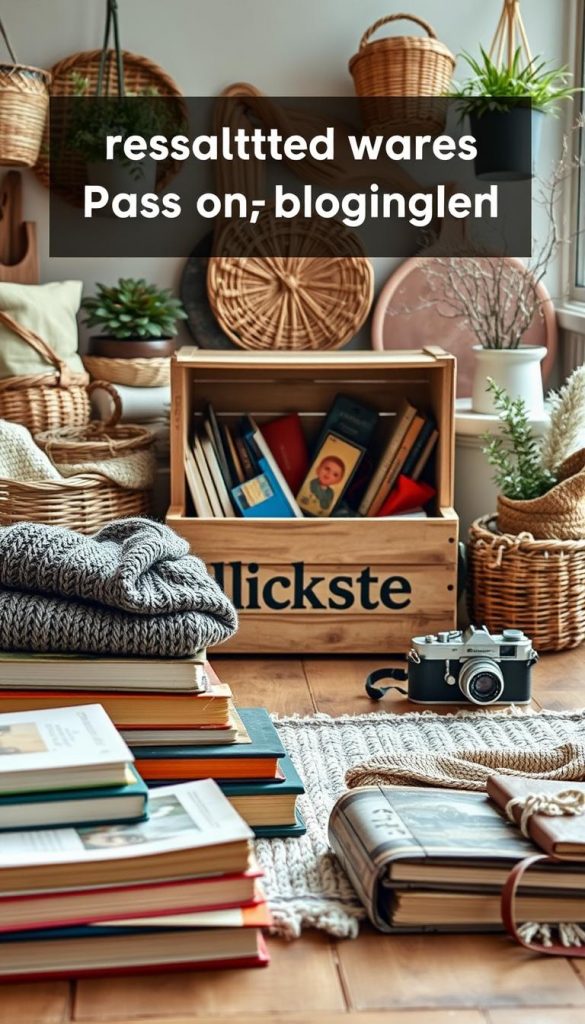 A warm and inviting scene showcasing sustainable ways to pass on belongings. In the foreground, various items arranged neatly - a stack of books, a cozy sweater, and a vintage camera - all waiting to find new homes. In the middle ground, a wooden crate labeled &quot;KlickKiste&quot; stands open, filled with an assortment of treasures, ready to be donated or resold. The background features a cozy, rustic setting with natural textures like woven baskets and potted plants, all bathed in soft, diffused winter light. The overall mood is one of mindfulness, simplicity, and a sense of renewal, encouraging the viewer to declutter with purpose and a sustainable mindset.