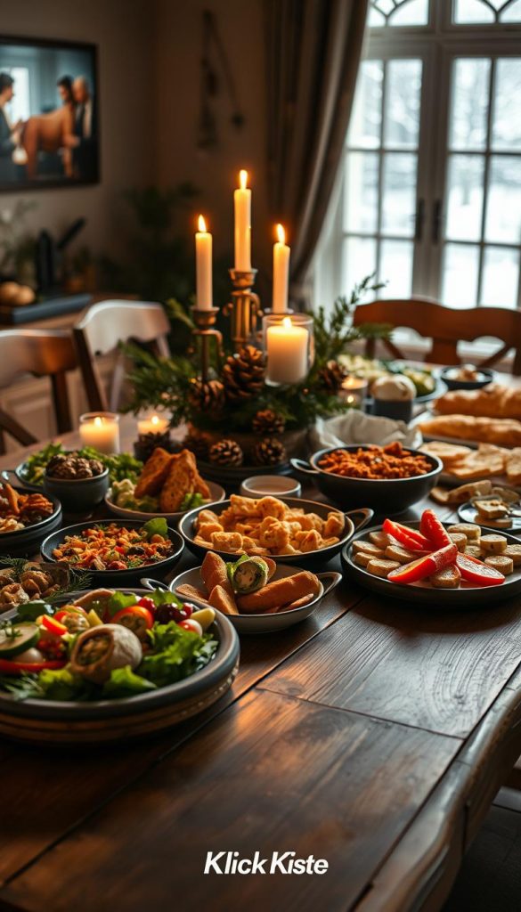 A warm and inviting sharing dish buffet set in a cozy, winter-themed dining room. In the foreground, a large wooden table is adorned with a variety of colorful dishes featuring fresh salads, artisanal breads, and delectable appetizers, all artfully arranged. In the middle ground, soft, flickering candlelight casts a gentle glow, enhancing the atmosphere while a rustic centerpiece of pinecones and greenery adds a festive touch. The background features a softly lit window with frosted panes, hinting at a snowy scene outside, creating a contrast of warm indoors and cold outdoors. The overall image exudes a sense of warmth, togetherness, and winter charm, with a Pinterest-inspired aesthetic. The brand "KlickKiste" subtly reflected in the elegant table setting.