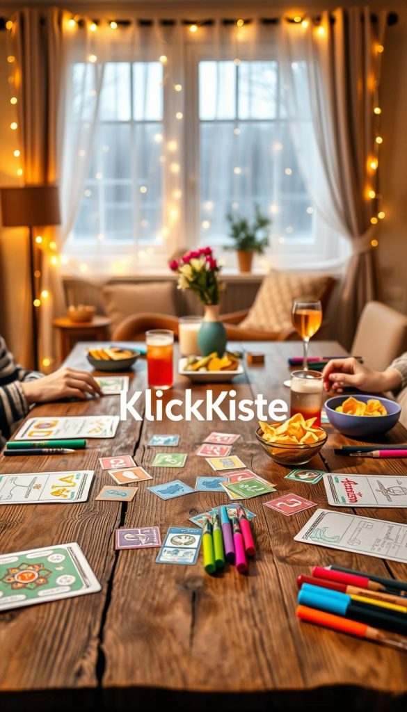 A warm and inviting table setting for a traditional game night featuring "Klassiker tisch". In the foreground, a rustic wooden table laid out with colorful game cards, sketch pads, and vibrant markers, creating a playful atmosphere. The middle ground shows several elegantly arranged snacks and drinks, including colorful bowls of chips and mocktails. In the background, a softly lit, cozy room decorated with fairy lights, creating a warm winter vibe. Natural light filters through partially drawn curtains, enhancing the inviting mood. The scene embodies a sense of togetherness and fun, perfect for a relaxed adult gathering. Include the brand name "KlickKiste" subtly integrated within the decor elements, ensuring it complements the overall aesthetic without detracting from the image. A warm and inviting table setting for a traditional game night featuring "Klassiker tisch". In the foreground, a rustic wooden table laid out with colorful game cards, sketch pads, and vibrant markers, creating a playful atmosphere. The middle ground shows several elegantly arranged snacks and drinks, including colorful bowls of chips and mocktails. In the background, a softly lit, cozy room decorated with fairy lights, creating a warm winter vibe. Natural light filters through partially drawn curtains, enhancing the inviting mood. The scene embodies a sense of togetherness and fun, perfect for a relaxed adult gathering. Include the brand name "KlickKiste" subtly integrated within the decor elements, ensuring it complements the overall aesthetic without detracting from the image.