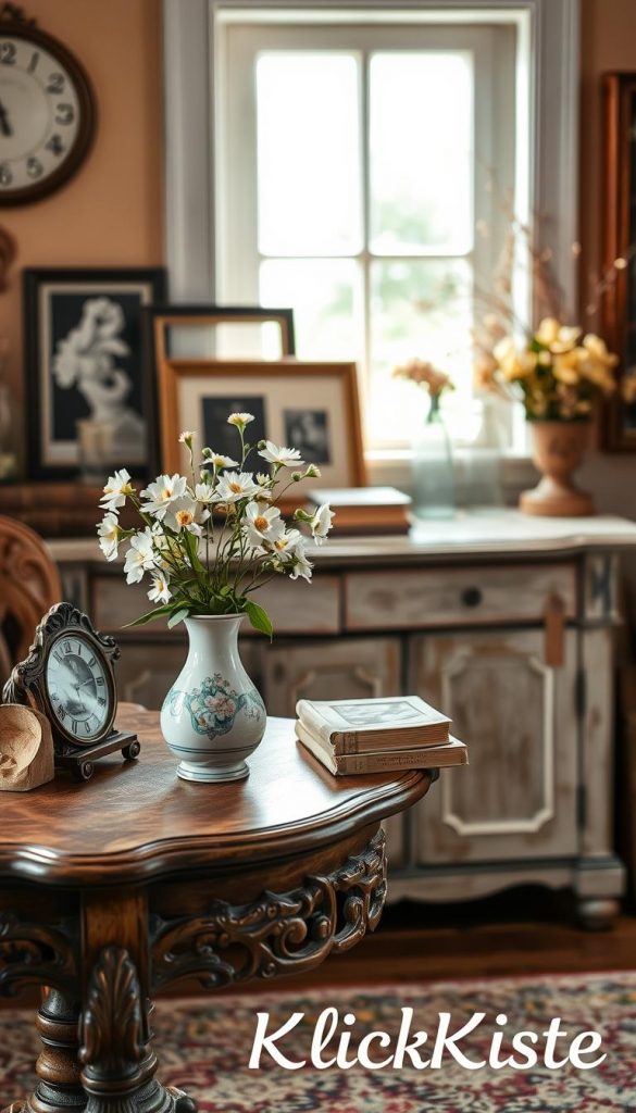 A warm and inviting vintage display showcasing a collection of meaningful heirlooms, antiques, and architectural fragments. In the foreground, an intricately carved wooden table holds a delicate porcelain vase, filled with fresh spring flowers, alongside a small antique clock and a piece of aged architectural molding. The middle ground features a distressed wood sideboard adorned with vintage books, a framed black-and-white photo, and decorative glass jars filled with dried flowers. The background is softly blurred to reveal a cottage-like setting with pastel-colored walls and natural light streaming through a window, creating a cozy, serene atmosphere. The scene captures the essence of rustic charm with warm tones, evoking a sense of nostalgia and connection to the past. The overall aesthetic is authentic, inspirational, and perfectly aligned with the branding of "KlickKiste."