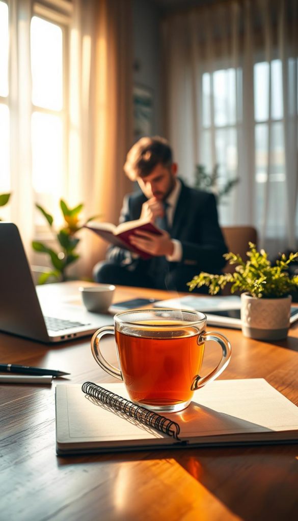 A warm and inviting workspace scene that embodies motivation and self-improvement. In the foreground, a desk with a beautifully arranged notebook and a steaming cup of herbal tea, symbolizing focus and serenity. In the middle ground, a person in professional business attire, deep in thought while writing in the notebook, reflecting determination and accountability. In the background, a sunlit window with soft, cascading curtains and a potted plant, hinting at flexibility and growth. The lighting is soft and natural, creating a cozy atmosphere reminiscent of winter vibes, with warm colors that evoke inspiration. The overall mood is positive and uplifting, encouraging a sense of purpose and dedication. Incorporate subtle branding elements of &quot;KlickKiste&quot; as part of the decor, enhancing the authenticity of this motivational scene.