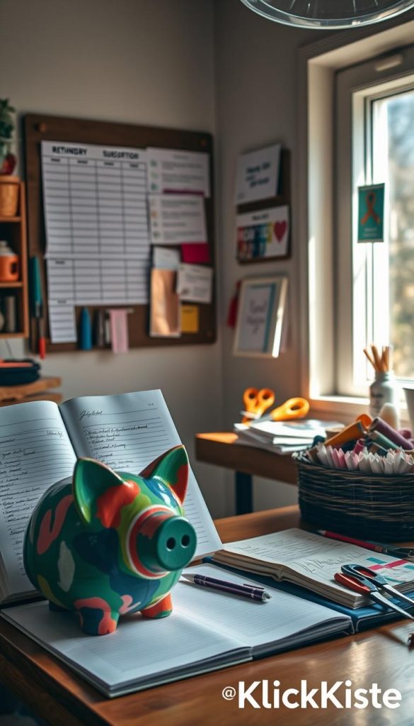 A warm, cozy DIY scene in a well-lit home workshop, reflecting a budget-friendly atmosphere. In the foreground, a charming handmade piggy bank crafted from recycled jars adorned with colorful paint, next to an open, neatly organized ledger with handwritten entries. A stylish bulletin board showcasing monthly subscription reminders and goals hangs on the wall, decorated with a few inspirational quotes and DIY crafts. Soft natural light filters through a nearby window, casting a gentle glow on the workspace. The background features a wooden table cluttered with craft supplies like scissors, glue, and fabric scraps, all presented in a Pinterest-worthy style. The overall mood is inspiring and inviting, perfect for a creative start to the New Year. Brand name "KlickKiste" subtly integrated into the d&eacute;cor, enhancing the inviting atmosphere without overpowering the scene.