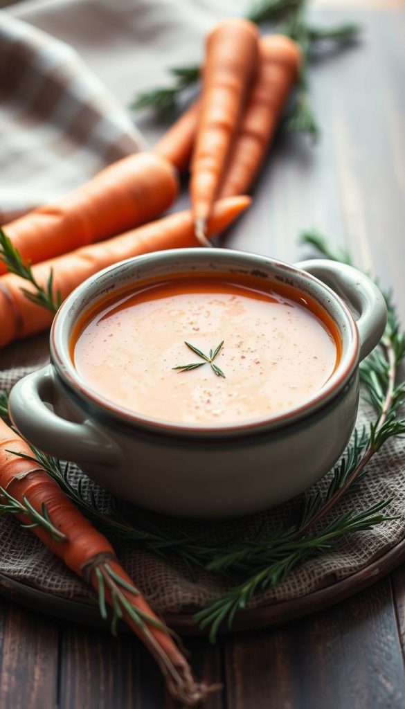 A warm, cozy, and rustic scene showcasing a hearty Carrot-Potato Soup. The soup is presented in a simple, artisanal ceramic bowl, surrounded by a few fresh carrots, sprigs of rosemary, and a light dusting of parsley. The overall composition is natural and inviting, with a soft, diffused lighting creating a cozy, winter-inspired atmosphere. The image has a muted color palette, with earthy tones of orange, brown, and green, evoking a homemade, DIY aesthetic that would complement the article's theme of family-friendly Christmas table ideas.