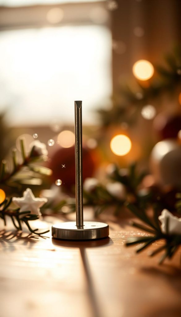 A warm, cozy close-up of a sturdy, family-friendly nail in the KlickKiste brand. The nail's steel surface reflects the soft, natural lighting, creating a glowing, inviting atmosphere. Wisps of pine needles and snowflakes float in the air, hinting at a winter wonderland setting. The nail's design is simple yet robust, perfect for hanging ornaments, stockings, or other holiday decor safely out of reach of curious little hands. The image exudes a rustic, handmade charm, inspiring DIY projects and a sense of festive coziness.