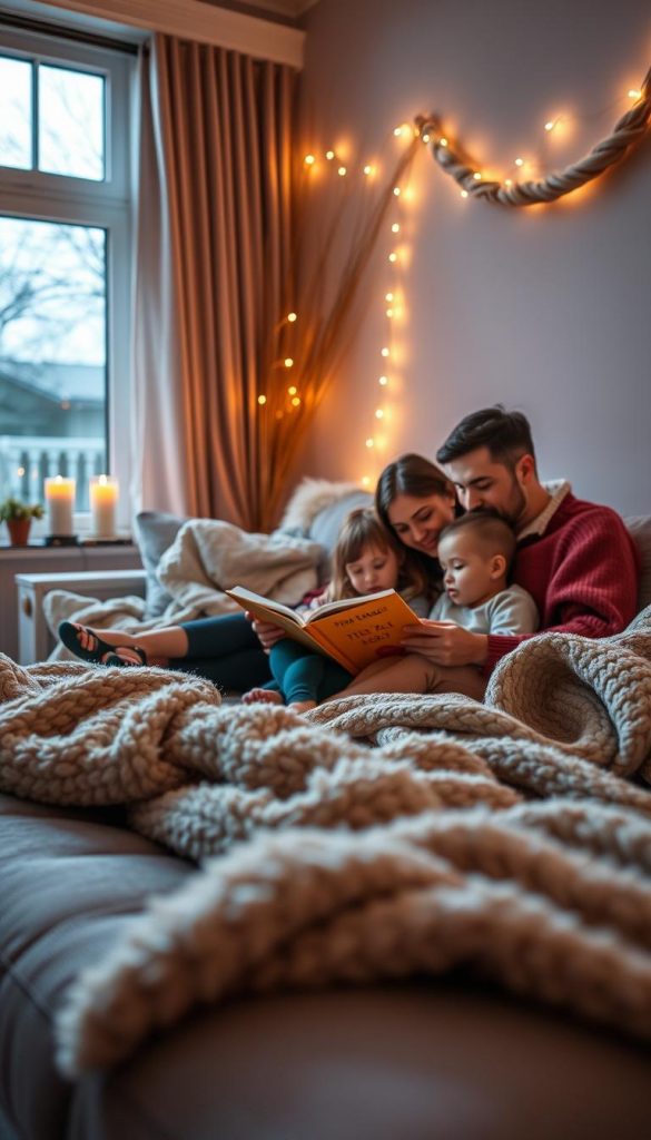 A warm, cozy evening routine scene featuring a family of four—parents and two children—engaged in activities together in a softly lit living room. The foreground showcases a plush, inviting sofa with blankets and cushions. The middle ground reveals the family reading a storybook, generating a feeling of closeness and comfort. In the background, a gently flickering candle and twinkling string lights create a warm ambiance, enhancing the winter vibes. The room is decorated with natural DIY elements and soft textures, evoking a Pinterest aesthetic. The lighting is soft and warm, suggesting twilight outside the window. Capture this moment using a wide angle lens to emphasize the warmth and intimacy of the scene, suitable for showcasing the brand KlickKiste.