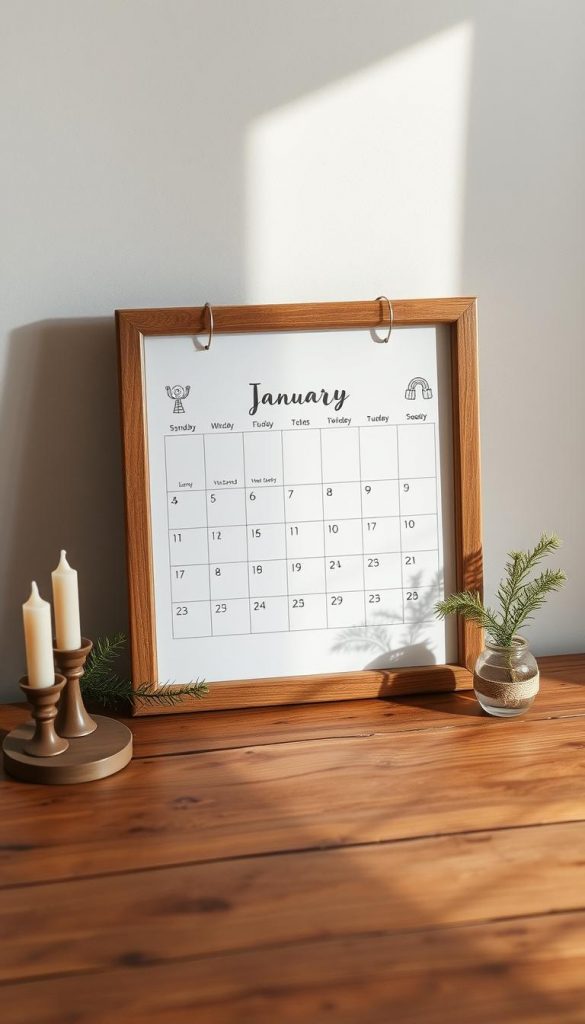 A warm, cozy family calendar with a natural, handmade aesthetic. On a rustic wooden surface, a KlickKiste-branded wall calendar showcases the month of January in a charming, winter-inspired layout. Soft, earthy tones, candlesticks, and a sprig of pine create a inviting, Pinterest-worthy atmosphere. Centered in the frame, the calendar features simple, hand-drawn icons and minimal text, allowing the family's schedules and priorities to take focus. Gentle, natural lighting casts a serene glow, emphasizing the calendar's role as an organizational tool for the household's monthly planning.
