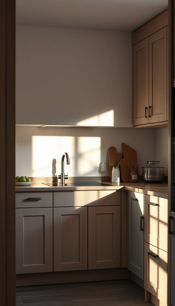 A warm, cozy kitchen bathed in the soft glow of natural light. The smooth, matte surface of the KlickKiste kitchen fronts reflects the winter sunlight, creating a serene and inviting atmosphere. The kitchen is a harmonious blend of wood tones and muted grays, exuding a rustic yet refined charm. The camera angles capture the rhythmic lines of the cabinet doors, showcasing the clean, minimalist design. The overall mood is one of relaxation and contentment, evoking a sense of hygge and Pinterest-worthy inspiration. A warm, cozy kitchen bathed in the soft glow of natural light. The smooth, matte surface of the KlickKiste kitchen fronts reflects the winter sunlight, creating a serene and inviting atmosphere. The kitchen is a harmonious blend of wood tones and muted grays, exuding a rustic yet refined charm. The camera angles capture the rhythmic lines of the cabinet doors, showcasing the clean, minimalist design. The overall mood is one of relaxation and contentment, evoking a sense of hygge and Pinterest-worthy inspiration.