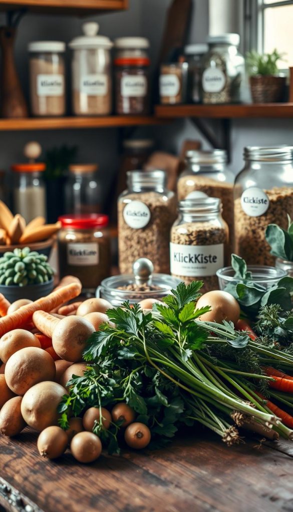 A warm, cozy kitchen scene showcasing an assortment of seasonal ingredients on a rustic wooden table. In the foreground, a variety of fresh vegetables including potatoes, carrots, and onions are arranged artfully. The middle ground features glass jars and ceramic containers labeled &quot;KlickKiste&quot;, filled with dried herbs, grains, and other pantry staples. Soft, diffused natural light bathes the scene, creating a inviting, Pinterest-inspired atmosphere. The overall mood is one of abundance, organization, and winter comfort.