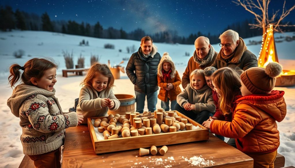 A warm, cozy outdoor scene of a family gathered around a "KlickKiste" in the winter. In the foreground, children enthusiastically play a "garten spiel" with DIY wooden pieces, their laughter and movement capturing the joy of the moment. In the middle ground, parents and grandparents watch on, bundled in winter attire, their faces alight with contentment. The background features a snowy landscape, with a crackling fire pit and a starry night sky overhead, casting a gentle glow that envelops the entire scene. Natural hues of beige, white, wood, and red create a cohesive, inviting atmosphere, perfectly complementing the wholesome family activity.