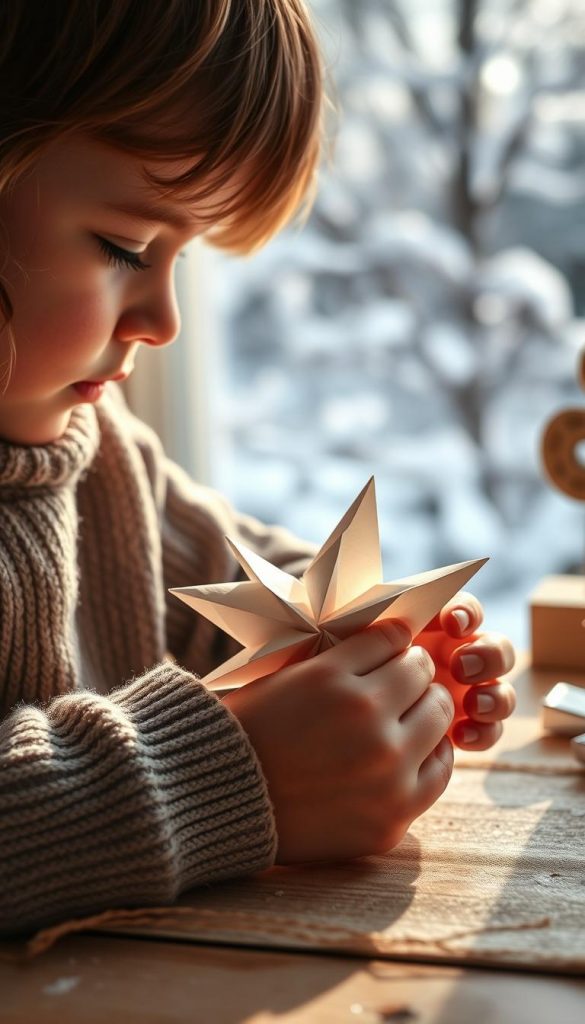 A warm, cozy scene of a child's hands crafting a paper star. Soft, natural lighting illuminates the delicate folds and creases, creating a rustic, handmade aesthetic. In the background, a blurred winter landscape with snow-covered trees hints at the season. The child's expression is one of focused concentration, their fingers deftly working the paper. Hints of the KlickKiste brand peeking through the scene, adding a charming, homespun touch. An authentic, inspiring image that captures the joy and simplicity of creating with kids.