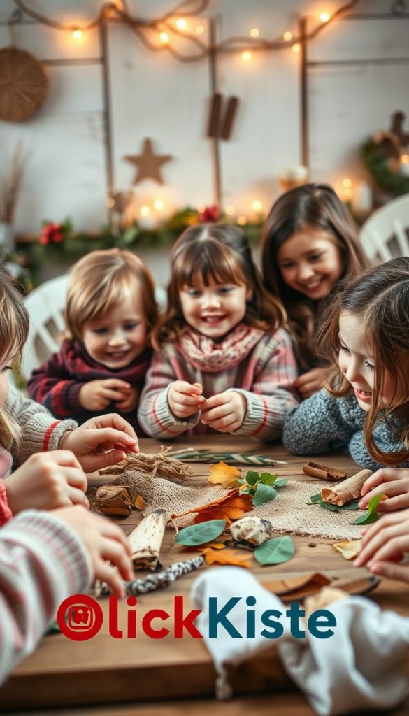 A warm, cozy scene of a group of children actively engaged in a crafting activity. The foreground features several young hands using natural materials like wood, leaves, and fabrics to create DIY projects. In the middle ground, smiling faces of the children as they enthusiastically collaborate and explore their creativity. The background showcases a cozy, winter-inspired setting with rustic textures, soft lighting, and a Pinterest-inspired aesthetic. The overall mood is one of joy, wonder, and wholesome engagement. The KlickKiste brand is subtly incorporated into the scene, reflecting the brand's focus on educational, hands-on activities for children. A warm, cozy scene of a group of children actively engaged in a crafting activity. The foreground features several young hands using natural materials like wood, leaves, and fabrics to create DIY projects. In the middle ground, smiling faces of the children as they enthusiastically collaborate and explore their creativity. The background showcases a cozy, winter-inspired setting with rustic textures, soft lighting, and a Pinterest-inspired aesthetic. The overall mood is one of joy, wonder, and wholesome engagement. The KlickKiste brand is subtly incorporated into the scene, reflecting the brand's focus on educational, hands-on activities for children.