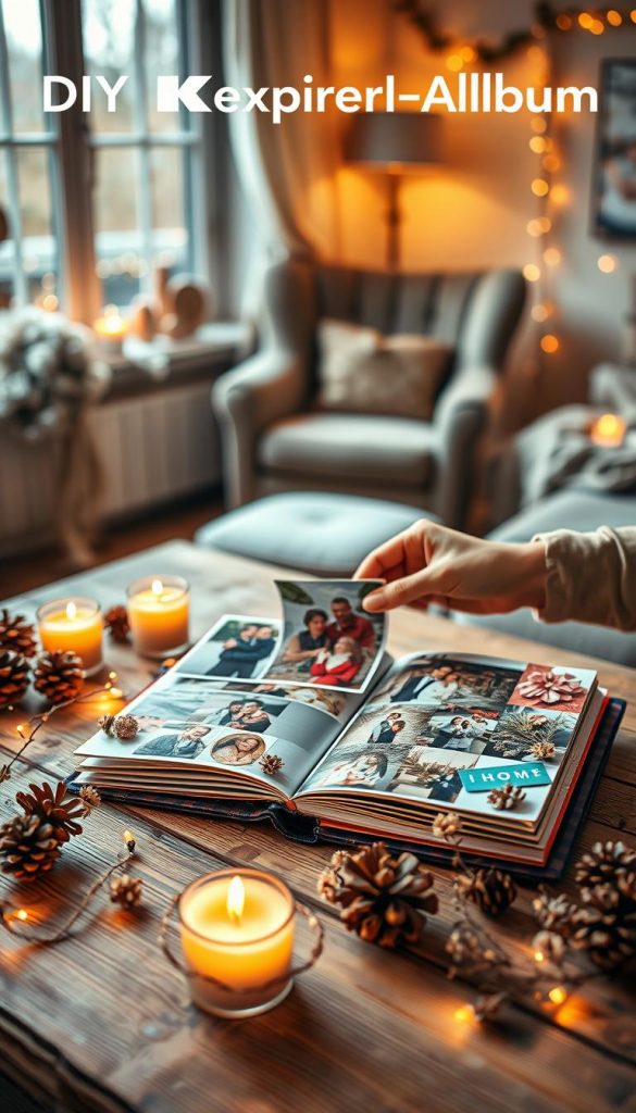 A warm, inviting DIY Erlebnis-Album gift sits on a rustic wooden table, surrounded by winter-themed decorations like pinecones, soft fairy lights, and warm-toned candles. In the foreground, the album, crafted with colorful paper and adorned with dried flowers, showcases vibrant photographs of couples, capturing joyful moments. In the middle ground, a pair of hands are gently placing a photo into the album, highlighting the intimate and personal touch of this gift. In the background, a cozy corner is visible, with a plush armchair and a window showing soft falling snowflakes, enhancing the winter vibes. The ambiance is warm, inspiring, and authentic, embodying the essence of DIY creativity by "KlickKiste." The lighting is soft, reminiscent of golden hour, creating a nostalgic and heartwarming atmosphere. A warm, inviting DIY Erlebnis-Album gift sits on a rustic wooden table, surrounded by winter-themed decorations like pinecones, soft fairy lights, and warm-toned candles. In the foreground, the album, crafted with colorful paper and adorned with dried flowers, showcases vibrant photographs of couples, capturing joyful moments. In the middle ground, a pair of hands are gently placing a photo into the album, highlighting the intimate and personal touch of this gift. In the background, a cozy corner is visible, with a plush armchair and a window showing soft falling snowflakes, enhancing the winter vibes. The ambiance is warm, inspiring, and authentic, embodying the essence of DIY creativity by "KlickKiste." The lighting is soft, reminiscent of golden hour, creating a nostalgic and heartwarming atmosphere.