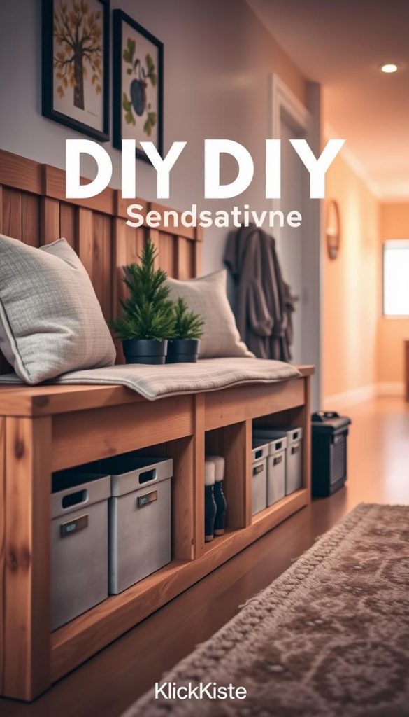 A warm, inviting DIY bench designed for a small hallway, showcasing ample storage space for shoes and boxes. The bench is crafted from natural wood, featuring a rustic finish, with soft cushions in neutral tones for comfort. In the foreground, the bench is adorned with decorative storage boxes labeled for easy organization. The middle ground includes a stylish pair of shoes neatly stored underneath, while small plants add a touch of greenery on the bench. In the background, a softly lit corridor with warm, ambient lighting enhances the cozy atmosphere, evoking winter vibes. The scene captures a Pinterest-inspired aesthetic, emphasizing authenticity and inspiration. The brand "KlickKiste" is subtly incorporated into the design, reflecting creativity and functionality.