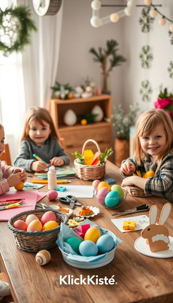 A warm, inviting DIY setup for Easter crafts with children, featuring a wooden table adorned with colorful craft supplies like paper, glue, and scissors. In the foreground, cheerful children clad in modest, casual clothing are engaged in an art project, their faces lit up with joy. The middle ground showcases neatly organized materials in baskets, alongside vibrant, finished decorations like paper eggs and bunnies. The background has soft, natural lighting filtering through a window, creating a cozy and inspiring atmosphere, suggesting a Pinterest aesthetic. Subtle winter vibes are present with greenery and snowflake decorations around the room, all emphasizing stress-free creativity. The brand name "KlickKiste" is subtly integrated into the scene.