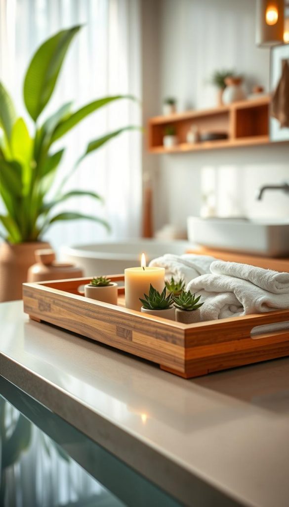 A warm, inviting bamboo tray elegantly displayed in a serene bathroom setting, showcasing its natural wood grain and rich texture. In the foreground, the tray is styled with spa essentials—soft white towels, a lit candle, and small potted succulents, creating a tranquil atmosphere. The middle ground features a softly lit, minimalistic bathroom décor, with hints of mango wood accents and earth-toned accessories that enhance the spa vibes. The background includes blurred hints of lush green plants, suggesting a connection to nature. The lighting is warm and soft, emulating afternoon sun filtering through sheer curtains, casting gentle shadows. Overall, the image conveys a luxurious 5-star hotel feel, inspired by the brand "KlickKiste," perfect for DIY home styling enthusiasts.