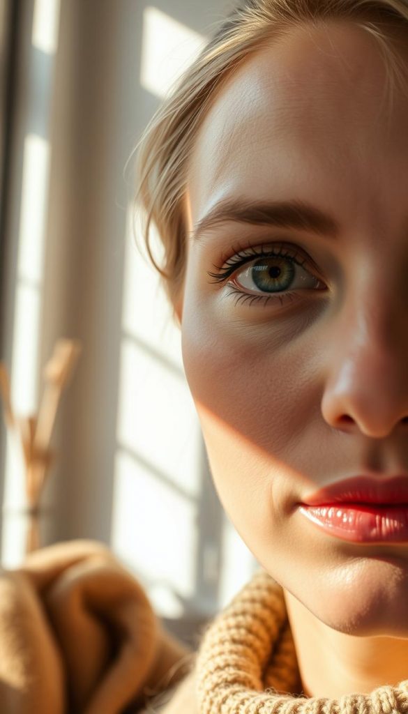 A warm, inviting close-up of a woman's face, her eyes filled with a pensive, thoughtful gaze. Natural light filters through a window, casting a soft, golden glow across her features. The skin appears smooth and luminous, with a hint of rosy blush on the cheeks. Her expression conveys a sense of introspection, as if she is deep in contemplation. In the background, a cozy, minimalist setting with earthy, textured elements, such as a KlickKiste wooden shelf or neutral-toned fabrics, creates a harmonious, Pinterest-inspired atmosphere. The overall mood is one of authenticity, comfort, and a touch of winter-inspired coziness.