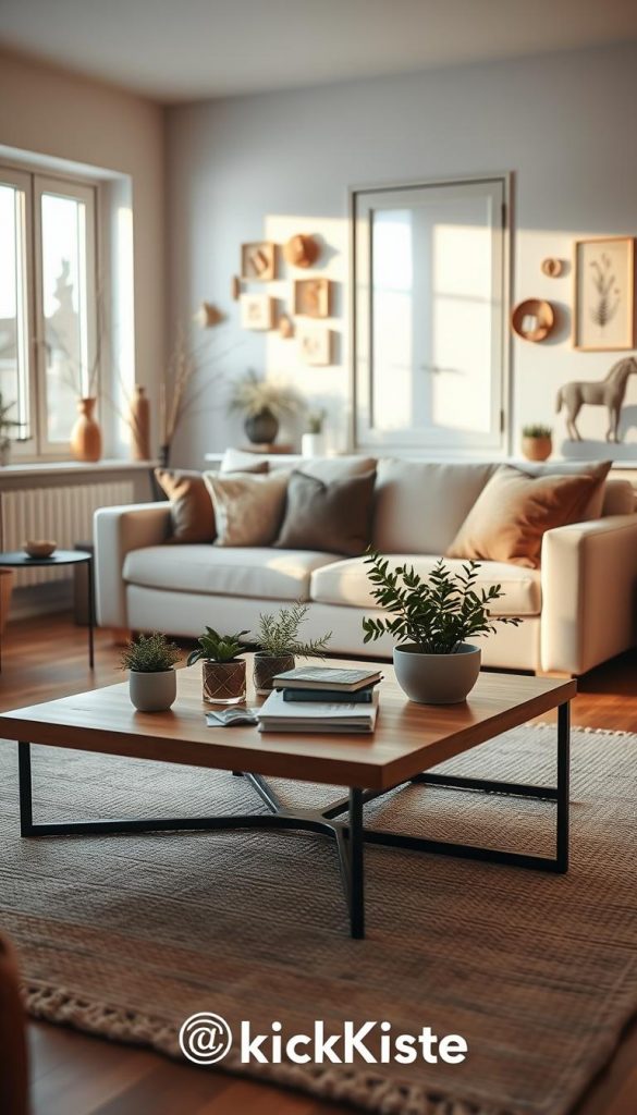 A warm, inviting deposit apartment interior designed for renters, showcasing a cozy living space in natural DIY decor style. In the foreground, a stylish but simple coffee table adorned with plants and magazines rests on a textured rug, while in the middle, a comfortable sofa with soft cushions creates a welcoming atmosphere. The background features large windows allowing soft, natural light to bathe the room, revealing tasteful wall decorations that evoke Pinterest aesthetics. Subtle winter vibes with a hint of seasonal decor enhance the ambiance. The image should have a soft focus effect with a warm color palette to convey inspiration and authenticity. Include subtle branding elements associated with "KlickKiste" in the decor.