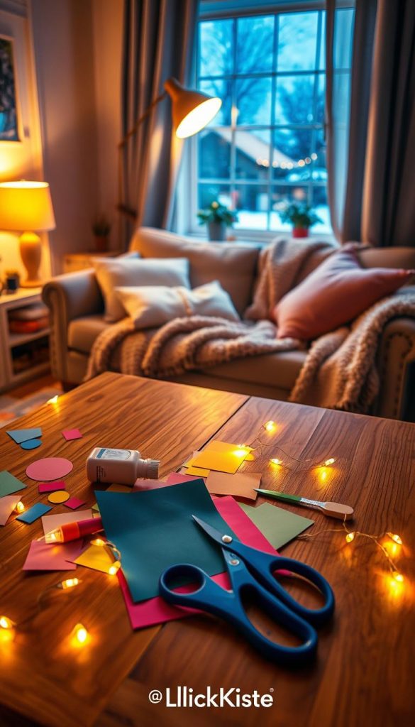 A warm, inviting home interior in the evening, designed to illustrate a cozy night routine for children. The foreground features a wooden table laid out with colorful DIY materials: craft paper, glue, scissors, and twinkling fairy lights. In the middle ground, a plush couch adorned with soft throw pillows and a warm blanket creates a sense of comfort, while a glowing lamp in the corner casts a soft yellow light. In the background, a window reveals a soft snowfall outside, enhancing the winter vibes. The atmosphere is serene, evoking feelings of closeness and relaxation. The overall color palette is warm and inviting, with accents of pastel tones. The scene reflects the brand KlickKiste, capturing an authentic Pinterest-inspired aesthetic.