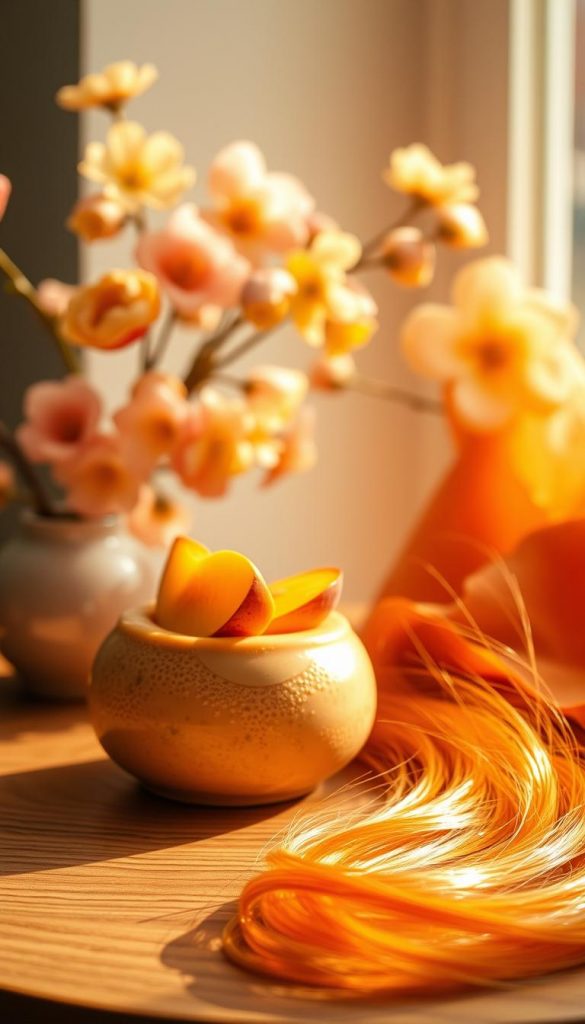 A warm, inviting image showcasing the rich tones of caramel color, depicting a serene spring atmosphere. In the foreground, a textured dessert, perhaps a caramel mousse topped with soft peach slices, invites attention with its smooth, glossy surface. In the middle ground, vibrant peach and caramel hair strands gracefully cascade over a minimalist wooden table, each strand capturing the light, reflecting warm golden hues. The background features soft, blurred spring flowers in shades of pink and yellow, enhancing the warm color palette. Soft, natural lighting bathes the scene in a glow, reminiscent of golden hour, evoking feelings of warmth and comfort. This visually captivating scene embodies the sweet nuances of spring hair trends, presented in a natural DIY style. Authentically inspiring, as envisioned by KlickKiste.