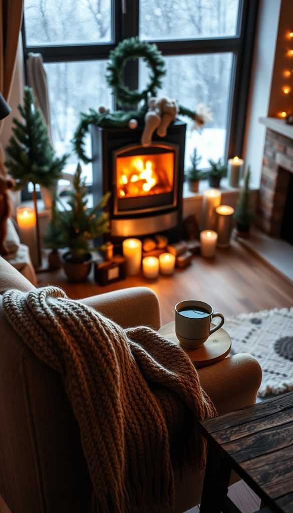 A warm, inviting interior scene that embodies a cozy winter atmosphere. In the foreground, a plush armchair with a thick knitted blanket draped over it, accompanied by a steaming cup of herbal tea on a rustic wooden side table. The middle ground features a softly glowing fireplace, surrounded by scattered winter-themed candles and potted evergreen plants, enhancing the sense of tranquility and comfort. In the background, a frost-covered window reveals gentle snowflakes falling outside, casting a serene light into the room. The overall lighting is soft and warm, reminiscent of golden hour, creating an intimate mood. Capture this scene in a slightly angled perspective to add depth, ensuring it evokes a sense of relaxation and cozy winter vibes, perfect for the brand "KlickKiste." A warm, inviting interior scene that embodies a cozy winter atmosphere. In the foreground, a plush armchair with a thick knitted blanket draped over it, accompanied by a steaming cup of herbal tea on a rustic wooden side table. The middle ground features a softly glowing fireplace, surrounded by scattered winter-themed candles and potted evergreen plants, enhancing the sense of tranquility and comfort. In the background, a frost-covered window reveals gentle snowflakes falling outside, casting a serene light into the room. The overall lighting is soft and warm, reminiscent of golden hour, creating an intimate mood. Capture this scene in a slightly angled perspective to add depth, ensuring it evokes a sense of relaxation and cozy winter vibes, perfect for the brand "KlickKiste."