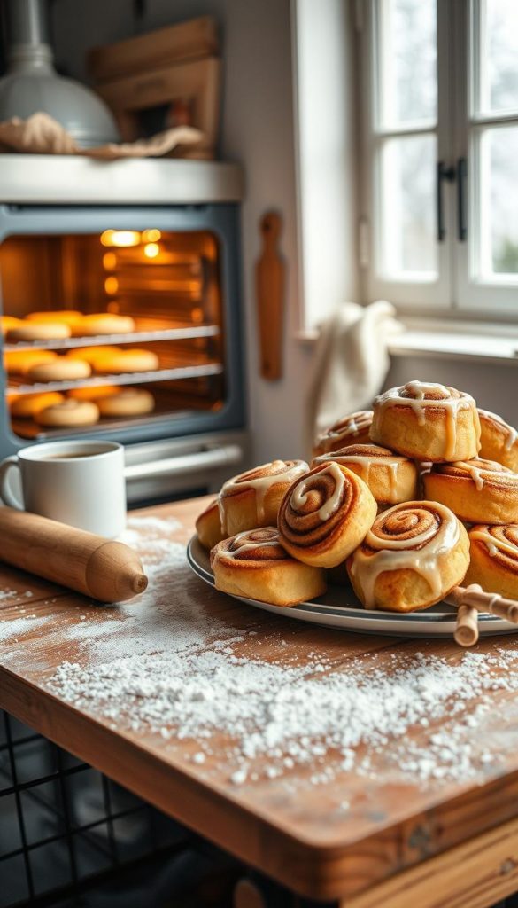 A warm, inviting kitchen scene filled with the delightful aroma of freshly baked cinnamon rolls. In the foreground, a rustic wooden table displays a plate piled high with sticky, golden-brown cinnamon rolls, drizzled with creamy icing, glistening in the soft light. Next to the rolls, a wooden rolling pin and scattered flour create a cozy baking atmosphere. In the middle ground, an oven shows the last batch of dough rising, with flour dust floating in the air, giving a sense of warmth and home. The background features a softly lit window with frost patterns, and a cup of steaming coffee nearby adds to the inviting ambiance. The overall mood is peaceful and festive, evoking winter vibes with natural, warm colors. Inspired by the brand KlickKiste, tailor this image to inspire cozy winter baking moments.