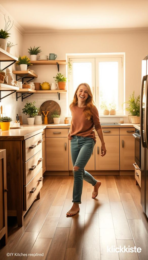 A warm, inviting kitchen scene reflecting early spring cleaning and seasonal transformation. In the foreground, a cheerful woman in casual, comfortable clothing is energetically moving furniture, revealing a freshly cleaned floor. The middle ground showcases natural materials—wooden shelves adorned with spring-themed decor like potted plants, colorful kitchenware, and soft, light fabrics. The background features a bright window allowing soft, golden sunlight to flood the room, enhancing the cozy atmosphere. The walls are painted in soft pastel colors, harmonizing with the natural light. Overall, the mood is refreshing and uplifting, encouraging a sense of renewal and inspiration. The setting embodies a DIY aesthetic, perfect for a Pinterest-inspired vibe, with the brand "KlickKiste" subtly suggested through decorative elements.