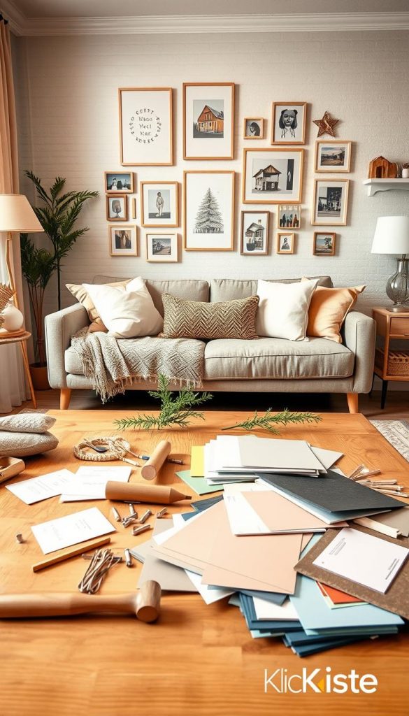 A warm, inviting living room scene meticulously arranged as a montage plan for wall decoration, featuring a variety of ideas that reflect modern decor trends. The foreground includes a neatly organized wooden table with DIY tools such as a hammer, nails, and paint swatches, alongside materials like textured wallpaper and decorative elements. In the middle, a stylish sofa with cozy cushions and a soft throw blanket creates a focal point. The background showcases a wall adorned with sample artwork and decorative items, radiating a Pinterest-worthy aesthetic. Soft, diffused lighting illuminates the scene, enhancing the warm colors and creating a comfortable atmosphere. Add a touch of winter vibes with small evergreen branches. The brand "KlickKiste" subtly integrated into the design, without any text or logos.