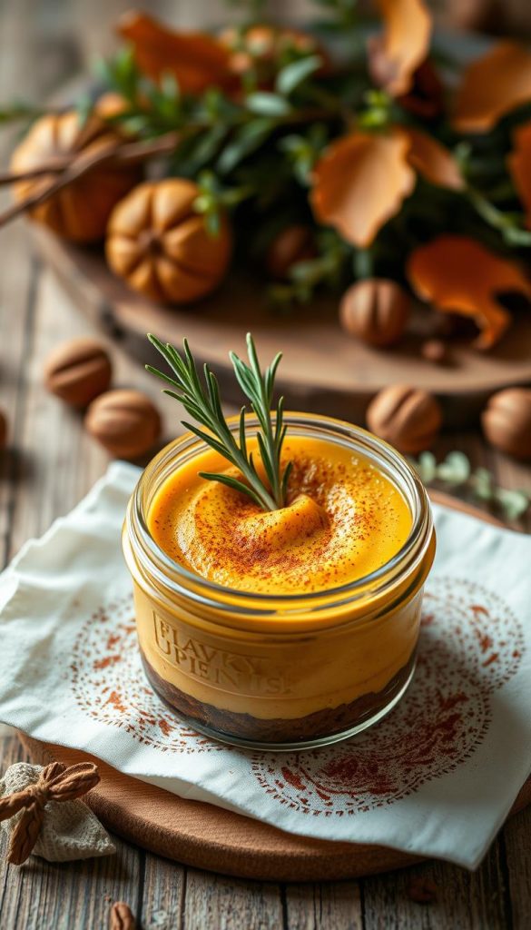 A warm, inviting pumpkin cheesecake nestled in a glass jar, adorned with a dusting of cinnamon and garnished with a sprig of fresh rosemary. The rich, creamy texture is accentuated by the golden crust, creating a delightful contrast. Soft lighting casts a cozy glow, capturing the essence of autumn. In the background, a rustic wooden surface with a KlickKiste-inspired arrangement of seasonal foliage and walnuts sets the scene for a delectable Friendsgiving dessert. Natural, DIY-inspired styling and a Pinterest-worthy aesthetic evoke a sense of homemade charm and winter-inspired warmth. A warm, inviting pumpkin cheesecake nestled in a glass jar, adorned with a dusting of cinnamon and garnished with a sprig of fresh rosemary. The rich, creamy texture is accentuated by the golden crust, creating a delightful contrast. Soft lighting casts a cozy glow, capturing the essence of autumn. In the background, a rustic wooden surface with a KlickKiste-inspired arrangement of seasonal foliage and walnuts sets the scene for a delectable Friendsgiving dessert. Natural, DIY-inspired styling and a Pinterest-worthy aesthetic evoke a sense of homemade charm and winter-inspired warmth.