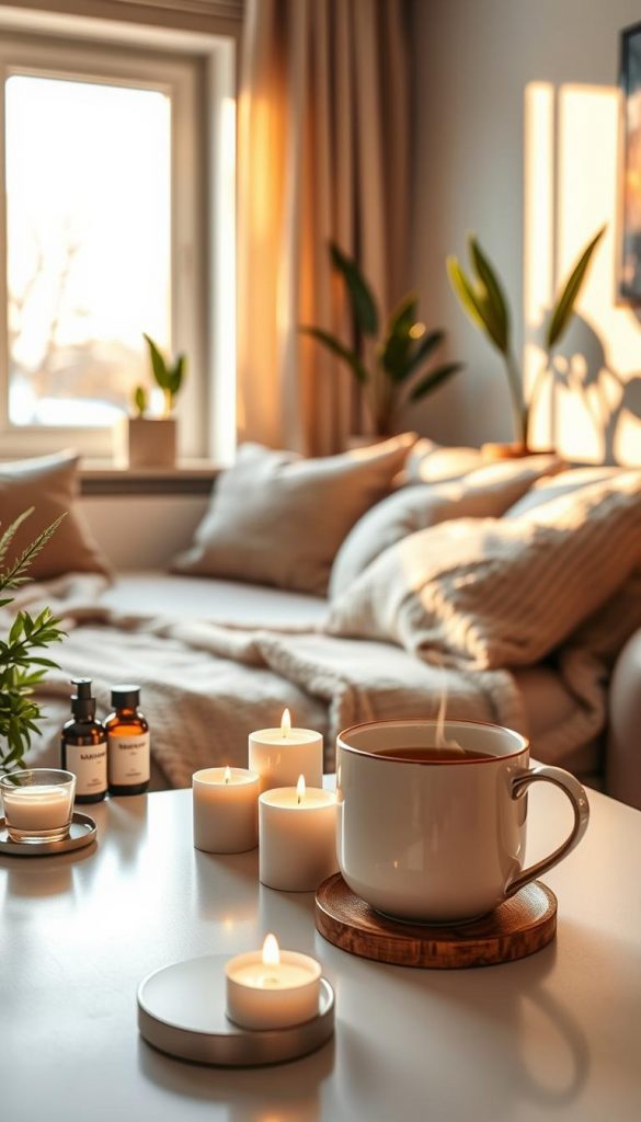 A warm, inviting scene capturing the essence of International Self-Love Day. In the foreground, a cozy setting features a beautifully arranged self-care station with natural DIY skincare products, soft candles, and a steaming mug of herbal tea. In the middle, a modern, well-lit indoor space with a large window letting in soft, golden winter sunlight, highlighting plush cushions and a knitted throw. The background reveals a serene indoor plant arrangement bringing a touch of nature inside. The atmosphere is calm and uplifting, embodying self-care and inner peace. The color palette comprises warm earth tones and soft pastels, creating a Pinterest-worthy aesthetic. The image is styled for KlickKiste, reflecting authenticity and inspiration without any text or logos.
