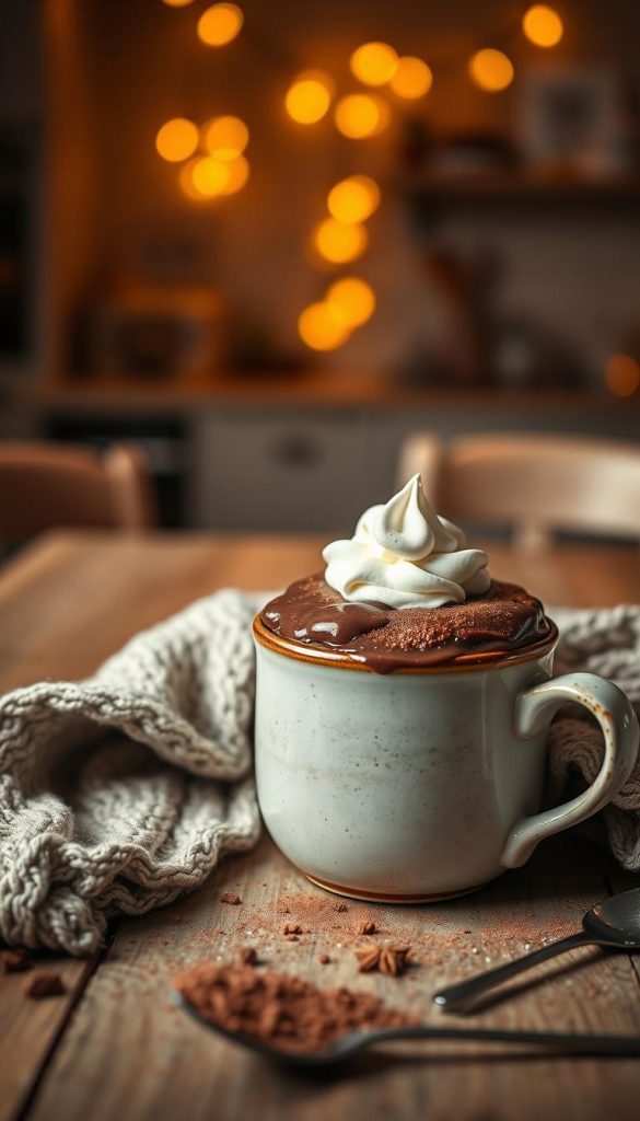 A warm, inviting scene featuring a freshly baked mug cake, overflowing with rich chocolate and delicate whipped cream on top. The mug is ceramic with a rustic design, placed on a soft wooden table with a cozy knit scarf draped beside it. In the background, a softly blurred view of a dimly lit kitchen with warm ambient lighting, hinting at a winter atmosphere. Scattered around are a few cocoa powder dustings and a small spoon, adding to the DIY aesthetic. The image captures a heartwarming ambiance, ideal for winter treats, evoking feelings of comfort and spontaneity. The scene is styled to reflect a Pinterest-inspired look, perfect for a delightful dessert moment. Include the brand name "KlickKiste" subtly within the composition, enhancing the overall charm without dominating the image.