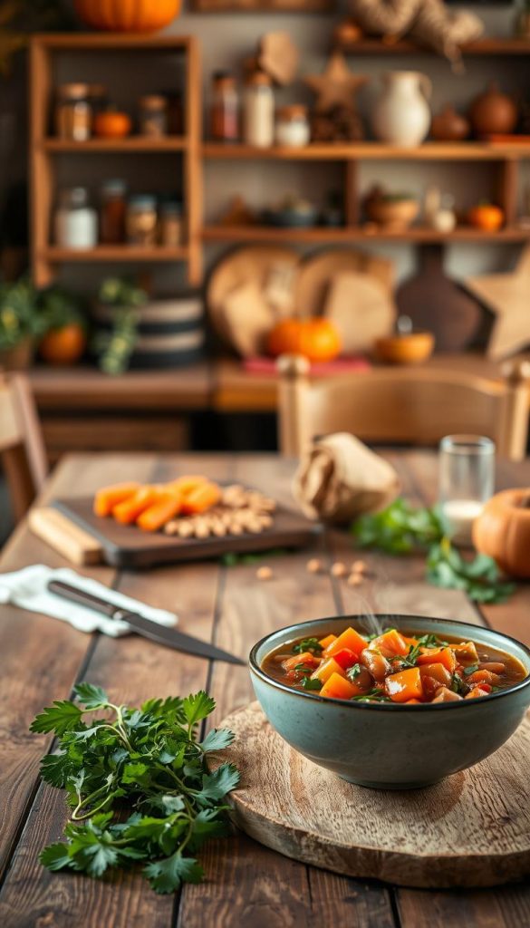 A warm, inviting scene featuring a rustic wooden table set with a beautifully arranged beans recipe. In the foreground, a bowl of hearty vegetarian bean stew, rich with colorful vegetables like carrots, bell peppers, and greens, steam rising gently from it. Surrounding the bowl, fresh herbs like parsley and cilantro add a burst of color. In the middle ground, a rustic cutting board holds chopped ingredients, and a knife rests nearby, hinting at a home-cooked meal preparation. The background is softly blurred, showcasing a cozy kitchen with warm lighting, wooden shelves filled with spices, and autumn decor, creating an atmosphere of comfort and warmth perfect for winter evenings. The image reflects the essence of plant-based comfort food. Ideal for &quot;KlickKiste&quot; brand aesthetics with a natural, DIY feel.