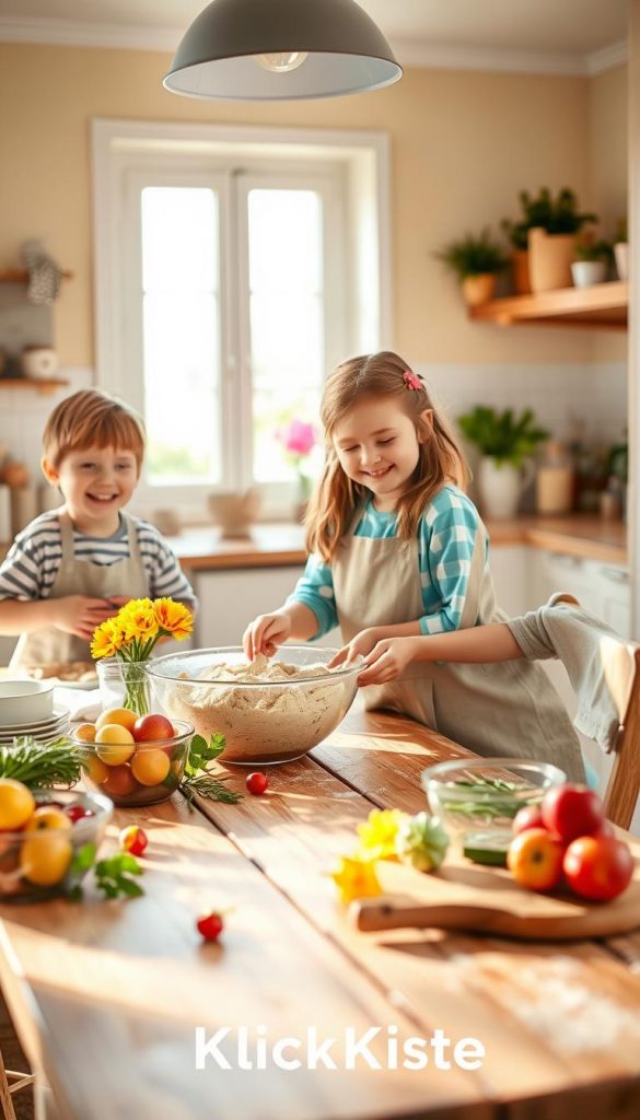 A warm, inviting scene of a spring kitchen filled with children aged 6-10 engaged in baking and cooking activities. In the foreground, two kids, a boy and a girl, are joyfully mixing dough in a large bowl, their faces lit up with excitement. The middle ground features a rustic wooden table decorated with fresh ingredients like fruits, herbs, and baking tools, along with a few colorful spring flowers for a vibrant touch. The background showcases a bright, sunlit kitchen with soft pastel walls, light streaming through a window, creating a cozy atmosphere. The overall mood is cheerful and playful, capturing the spirit of family bonding and culinary creativity. Emphasize natural DIY aesthetics with warm colors reminiscent of Pinterest inspiration. Include the brand name "KlickKiste" subtly integrated into the kitchen decor.
