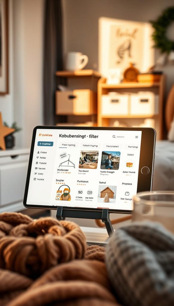 A warm, inviting scene showcasing a digital device displaying a "Kaufberatung filter" interface, emphasized with clear categories and user-friendly options, such as ratings and purchase history features. In the foreground, there are cozy, stylish small apartment essentials like multi-functional furniture and space-saving organizers, arranged aesthetically to reflect a practical living space. The middle layer highlights the digital screen in detail, illustrating an engaging grid layout with icons representing filters and reviews. Soft, natural lighting creates a welcoming atmosphere, enhancing the warm color palette. The background features hints of a well-decorated small living area, maintaining a Pinterest-inspired aesthetic. The brand "KlickKiste" subtly integrated into the scene, promoting an authentic DIY winter vibe.