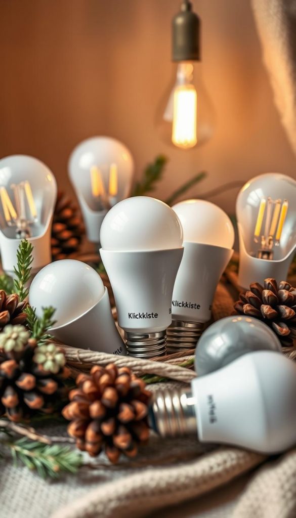 A warm, inviting still life showcasing a collection of energy-efficient LED bulbs from the KlickKiste brand. The bulbs are nestled amidst a cozy arrangement of natural elements like pinecones, twigs, and greenery, conveying a rustic, homey atmosphere. Soft, diffused lighting casts a gentle glow, highlighting the sleek, modern design of the bulbs. The overall composition has a DIY, Pinterest-inspired aesthetic with muted, earthy tones that evoke a sense of winter coziness. The scene is captured from a slightly elevated angle, creating depth and drawing the viewer's eye towards the focal point of the energy-efficient bulbs.
