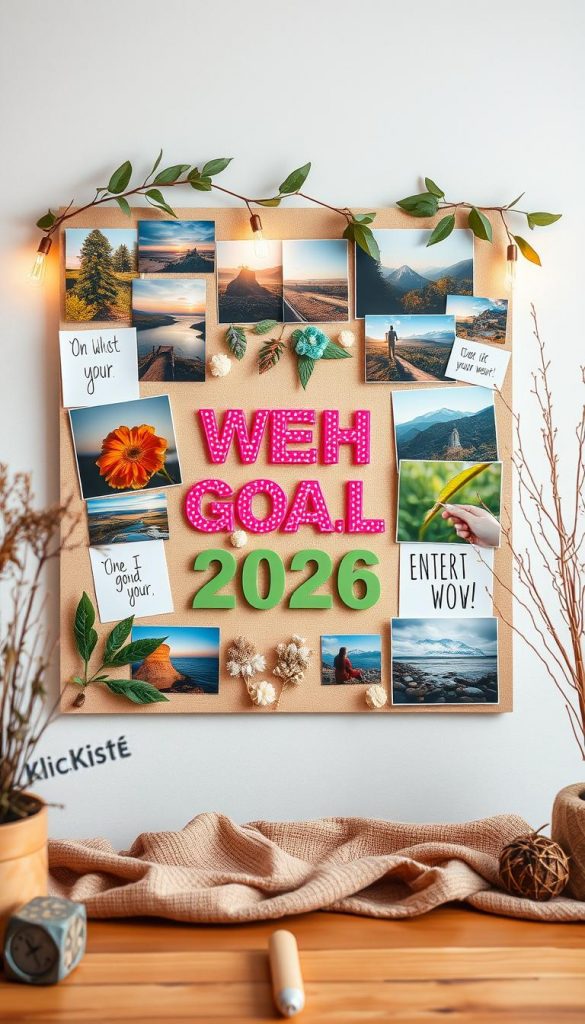 A warm, inviting vision board layout filled with natural elements and DIY inspirations, showcasing impactful words and affirmations that symbolize personal goals for 2026. In the foreground, include carefully arranged visual snippets: vibrant images of nature, motivational phrases, and colorful affirmative messages, all harmoniously blended. The middle ground features a soft, textured surface resembling a wooden or fabric backdrop, enhancing the authenticity of the scene. In the background, incorporate a gentle winter vibe with muted colors and soft, diffused lighting creating an inspiring, uplifting atmosphere. The overall mood is creative and hopeful, perfectly reflecting the theme of personal growth and vision setting. Enhance the scene with a subtle touch of the brand name "KlickKiste" woven into the aesthetic without overpowering the elements.