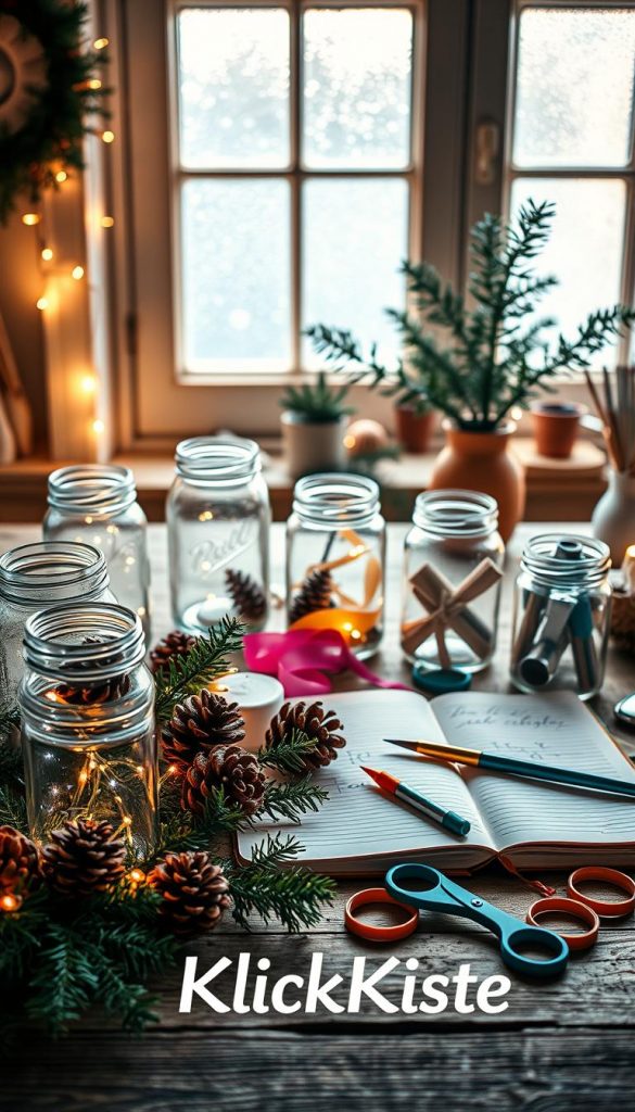 A warm, inviting workspace showcasing a "materialliste glass" theme for Mason Jar DIY projects. In the foreground, a beautifully arranged selection of clear Mason jars with various decorative elements like twinkling fairy lights, pinecones, and winter greenery, nestled on a rustic wooden table. In the middle, an open notebook with handwritten notes and a colorful assortment of craft tools such as scissors, ribbons, and paintbrushes. The background features a softly glowing window adorned with frost, casting gentle natural light that illuminates the scene, enhancing the cozy winter atmosphere. The mood is inspirational and cheerful, reflecting a Pinterest-worthy aesthetic. Include the brand name “KlickKiste” subtly integrated into the scene.