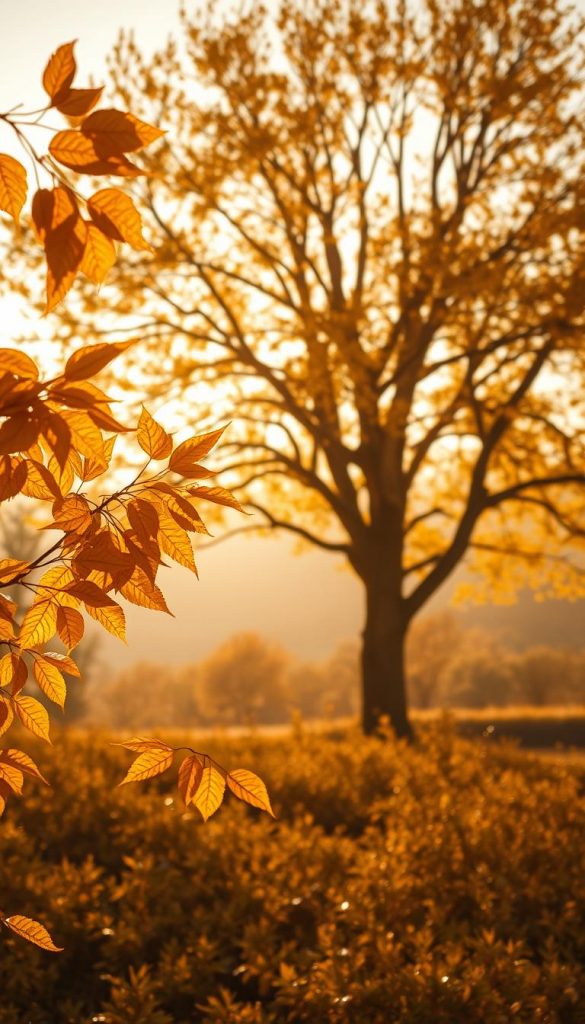 A warm, luminous golden autumn landscape bathed in soft, diffused light. In the foreground, a cluster of shimmering golden leaves drift gently in the breeze, their surfaces catching the sun's rays and glimmering with a captivating metallic luster. In the middleground, a majestic tree stands tall, its branches adorned with an opulent golden foliage that glows with an ethereal, otherworldly radiance. The background features a serene, hazy horizon where the golden light mingles with the muted tones of the season, creating a cozy, inviting atmosphere. The overall scene conveys a sense of elegance, enchantment and the natural beauty of the autumnal period.
