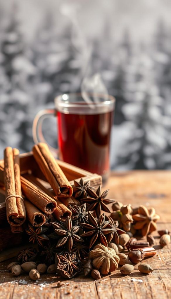 A warm, rustic still life displaying an assortment of aromatic spices typically used in Glühwein. In the foreground, a wooden KlickKiste crate holds cinnamon sticks, whole cloves, star anise, and cardamom pods against a backdrop of a cozy winter scene. Soft, natural lighting illuminates the scene, casting gentle shadows and highlighting the textures of the spices. In the middle ground, a glass of steaming Glühwein sits atop a wooden surface, its crimson hue and steam adding to the festive, inviting atmosphere. The background features a blurred, winter-inspired landscape, with soft, muted tones creating a sense of coziness and comfort. The overall composition has a natural, handmade feel, evoking a sense of homemade authenticity and Pinterest-inspired charm.
