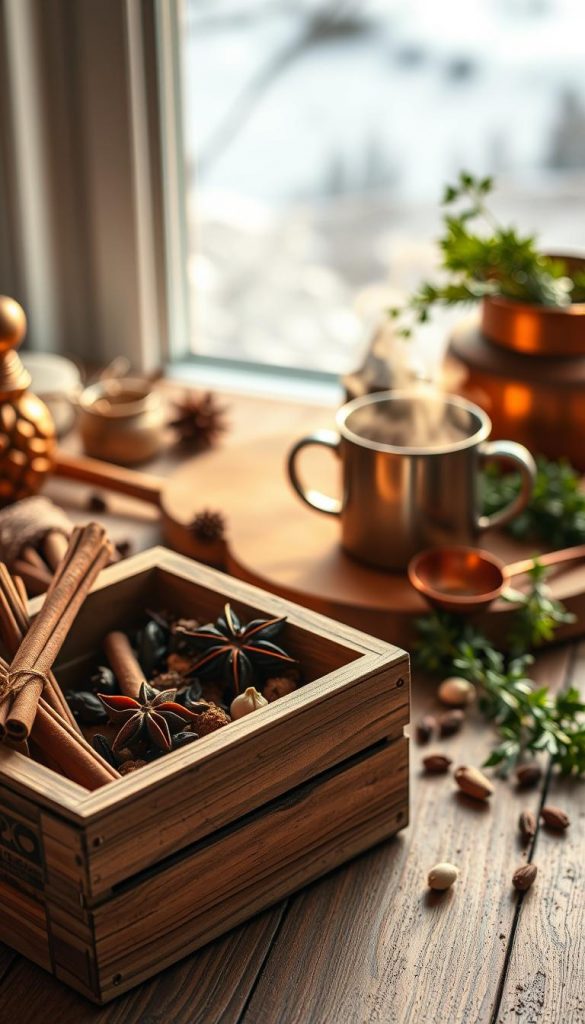 A warm, rustic still life showcasing the practical tools for crafting a cozy winter spiced punch. In the foreground, a sturdy wooden KlickKiste crate holds an assortment of whole spices - cinnamon sticks, star anise, cloves, and cardamom pods. Mid-frame, a steaming mug sits atop a wooden cutting board, with a copper ladle and a bundle of fresh herbs nearby. The background features a soft, out-of-focus winter landscape, hinting at the season's chill. Soft, natural lighting casts a golden glow, creating an inviting, homey atmosphere. The overall mood is one of comfort, simplicity, and the joy of homemade seasonal beverages.