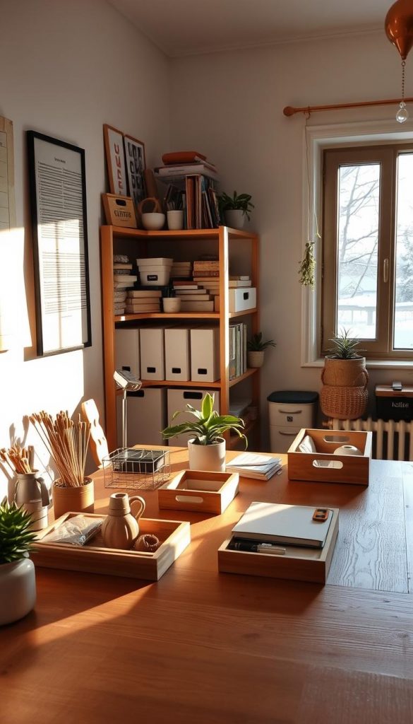 A warmly lit, cozy home office scene filled with a variety of neatly organized household items. In the foreground, a well-arranged wooden desk displays DIY organizers made from natural materials, showcasing an aesthetic Pinterest-worthy setup. Soft winter sunlight filters through a nearby window, casting inviting shadows and emphasizing the textures of the room. In the middle, a stylish bookshelf holds neatly stacked books and labeled storage boxes, while a plant adds a pop of life. In the background, a serene view of snow-covered trees can be seen through the window, enhancing the winter vibe. The overall atmosphere is authentic, inspiring, and promotes a sense of calm order. The brand "KlickKiste" is subtly represented through the design elements within the space.