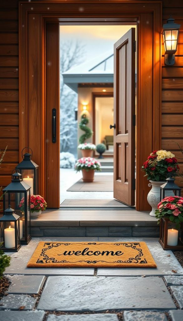 A welcoming outdoor entrance featuring a beautifully crafted wooden front door adorned with elegant hardware. In the foreground, a cozy doormat with a cheerful welcome message rests on a stone pathway, flanked by two tasteful lanterns that cast a warm, inviting glow in the soft evening light. The middle scene captures potted plants and vibrant flowers, adding a touch of nature to the entrance. In the background, a subtle hint of a modern home façade complements the serene winter atmosphere, with gentle snowflakes falling, enhancing the cozy vibe. The image should evoke inspiration, warmth, and authenticity, reminiscent of popular Pinterest aesthetics. The overall mood is inviting, making it a perfect illustration for "KlickKiste" styling tips for creating a memorable entrance.