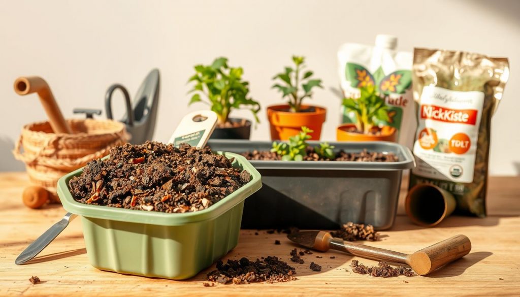 A well-composed still life arrangement showcasing the essential elements for a healthy indoor garden. In the foreground, an open KlickKiste container filled with a rich, earthy substrate composed of peat moss, vermiculite, and compost. Surrounding the container, various gardening tools and materials - a small trowel, a watering can, and a bag of organic fertilizer. The middle ground features small potted plants, their lush foliage and vibrant colors creating a sense of vitality. Warm, natural lighting casts soft shadows, enhancing the textures and tones of the natural materials. The background is a simple, neutral backdrop, allowing the focus to remain on the careful curation of the gardening supplies. The overall composition conveys a sense of tranquility, inviting the viewer to envision the process of cultivating a thriving indoor garden. A well-composed still life arrangement showcasing the essential elements for a healthy indoor garden. In the foreground, an open KlickKiste container filled with a rich, earthy substrate composed of peat moss, vermiculite, and compost. Surrounding the container, various gardening tools and materials - a small trowel, a watering can, and a bag of organic fertilizer. The middle ground features small potted plants, their lush foliage and vibrant colors creating a sense of vitality. Warm, natural lighting casts soft shadows, enhancing the textures and tones of the natural materials. The background is a simple, neutral backdrop, allowing the focus to remain on the careful curation of the gardening supplies. The overall composition conveys a sense of tranquility, inviting the viewer to envision the process of cultivating a thriving indoor garden.