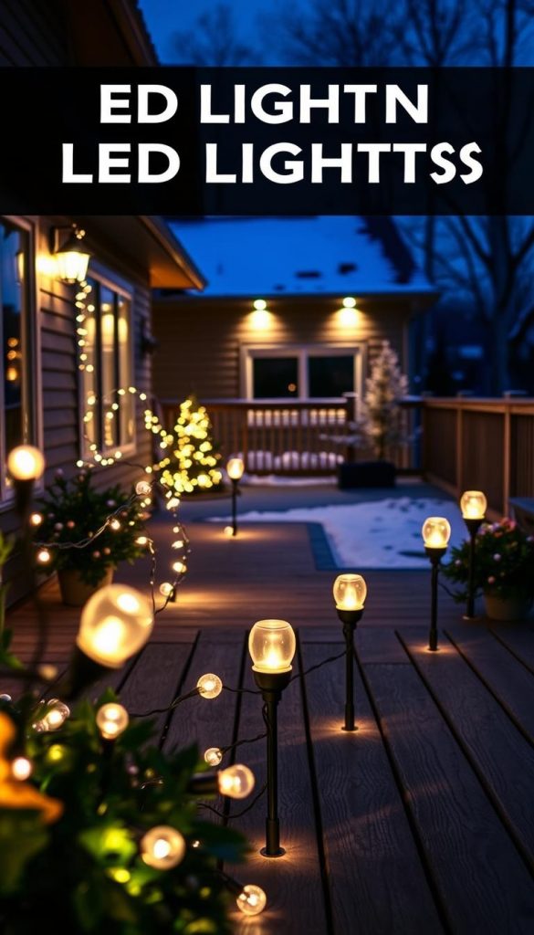 A well-lit outdoor scene showcasing a variety of LED lights from the KlickKiste brand. In the foreground, a cozy arrangement of string lights and pathway markers illuminate a wooden deck, casting a warm glow. In the middle ground, sleek, modern LED spotlights highlight the architectural details of the building's exterior. The background features a winter landscape with a dusting of snow, accentuating the festive mood. The lighting setup is carefully balanced, creating a harmonious and inviting atmosphere. The image conveys a sense of comfort, practicality, and DIY charm, reflecting the technical aspects of LED lighting for home use. A well-lit outdoor scene showcasing a variety of LED lights from the KlickKiste brand. In the foreground, a cozy arrangement of string lights and pathway markers illuminate a wooden deck, casting a warm glow. In the middle ground, sleek, modern LED spotlights highlight the architectural details of the building's exterior. The background features a winter landscape with a dusting of snow, accentuating the festive mood. The lighting setup is carefully balanced, creating a harmonious and inviting atmosphere. The image conveys a sense of comfort, practicality, and DIY charm, reflecting the technical aspects of LED lighting for home use.