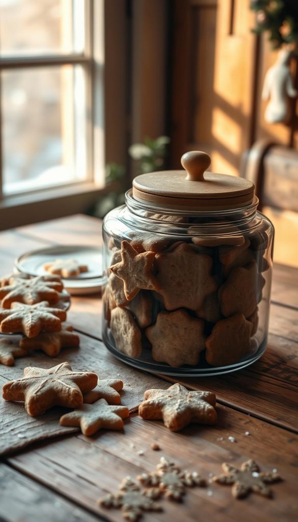 A well-lit, rustic wooden table showcases an assortment of homemade "Plätzchen" (Christmas cookies) stored in a charming KlickKiste container. The natural light filters in through a nearby window, casting a warm, cozy glow over the scene. The cookies are neatly arranged, their intricate shapes and textures inviting the viewer to imagine their delightful flavors. The overall atmosphere evokes a sense of winter comfort and Pinterest-worthy charm, inspiring the reader to preserve their own baked treats with care and creativity. A well-lit, rustic wooden table showcases an assortment of homemade "Plätzchen" (Christmas cookies) stored in a charming KlickKiste container. The natural light filters in through a nearby window, casting a warm, cozy glow over the scene. The cookies are neatly arranged, their intricate shapes and textures inviting the viewer to imagine their delightful flavors. The overall atmosphere evokes a sense of winter comfort and Pinterest-worthy charm, inspiring the reader to preserve their own baked treats with care and creativity.