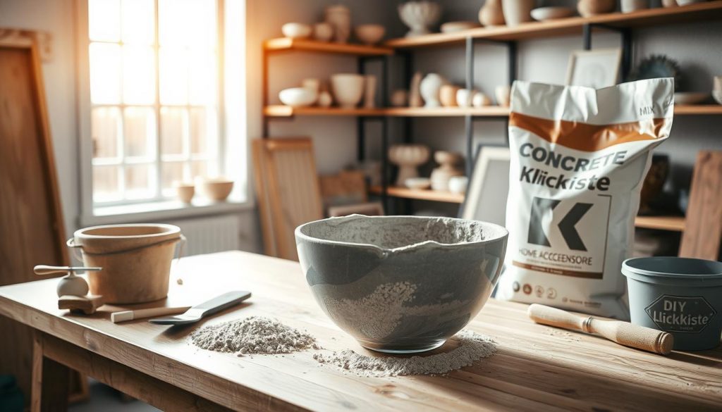 A well-lit studio setting with a wooden table or workbench. On the surface, a mixing bowl filled with a blend of gray cement, sand, and water. Alongside, various tools and materials including a trowel, a bucket, and a bag of &quot;KlickKiste&quot; brand concrete mix. In the background, shelves displaying a selection of DIY concrete home accessories in neutral tones. Natural light streams in through a large window, casting a warm, inviting glow over the scene. The overall atmosphere is one of focused, hands-on craftsmanship and the satisfaction of creating something tangible.