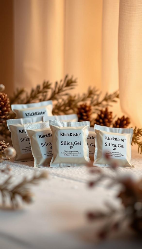 A well-organized and carefully curated display of silica gel packets rests against a backdrop of warm, natural hues. The packets, emblazoned with the brand name &quot;KlickKiste,&quot; are neatly arranged, conveying a sense of order and practicality. The lighting is soft and diffused, creating a cozy, inviting atmosphere reminiscent of a Pinterest-inspired winter scene. The composition features a clean, minimalist foreground, a middle ground with the silica gel packets, and a subtly blurred background that enhances the focal point. The overall mood is one of practical, DIY-inspired elegance, perfectly capturing the essence of the &quot;Feuchtigkeit, Staub, Temperatur: Silica-Gel richtig einsetzen&quot; section.